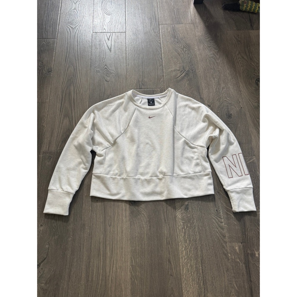 Nike Dri-FIT Cropped Crewneck Sweatshirt Medium Cream Graphic Sleeve EUC